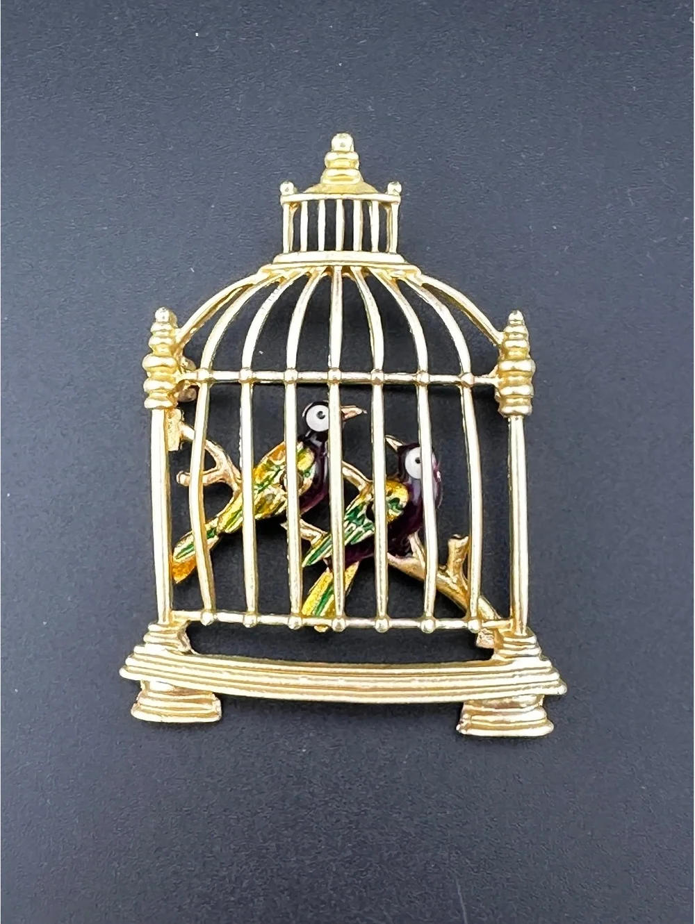 Bird Cage Brooch with Enamel Birds